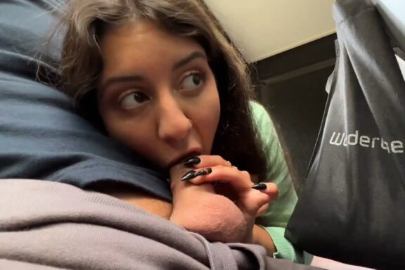 The Russian woman Katty West sees an erect penis inside the bus and wants to suck it.